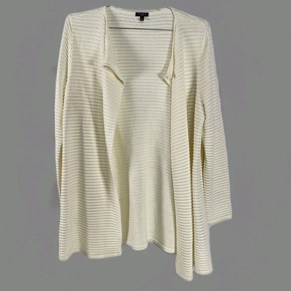 Talbots Sweater‎ Womens XL Ivory Open Front Ribbed Knit Cardigan Long Sleeve